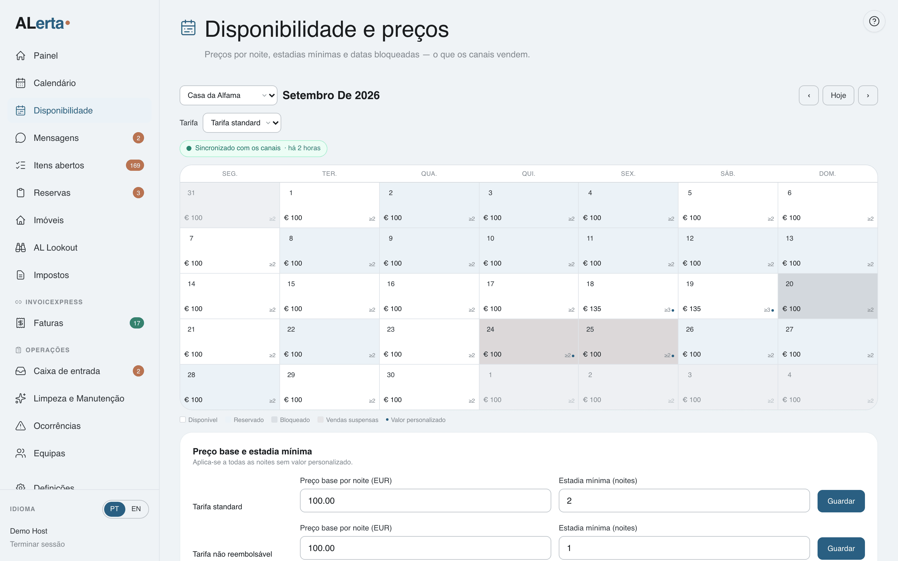 Gestor de canais da ALerta: calendário com reservas do Airbnb, da Booking.com e diretas, por imóvel