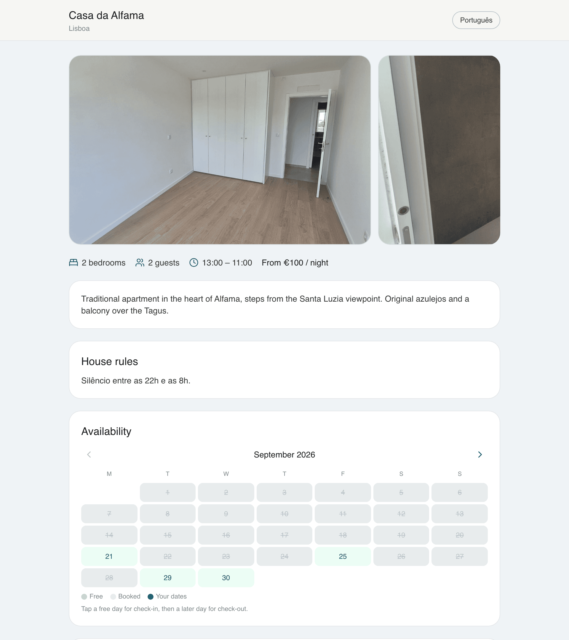 Public booking page of a listing: header with the property name, photo gallery, key facts, description, house rules and the availability calendar