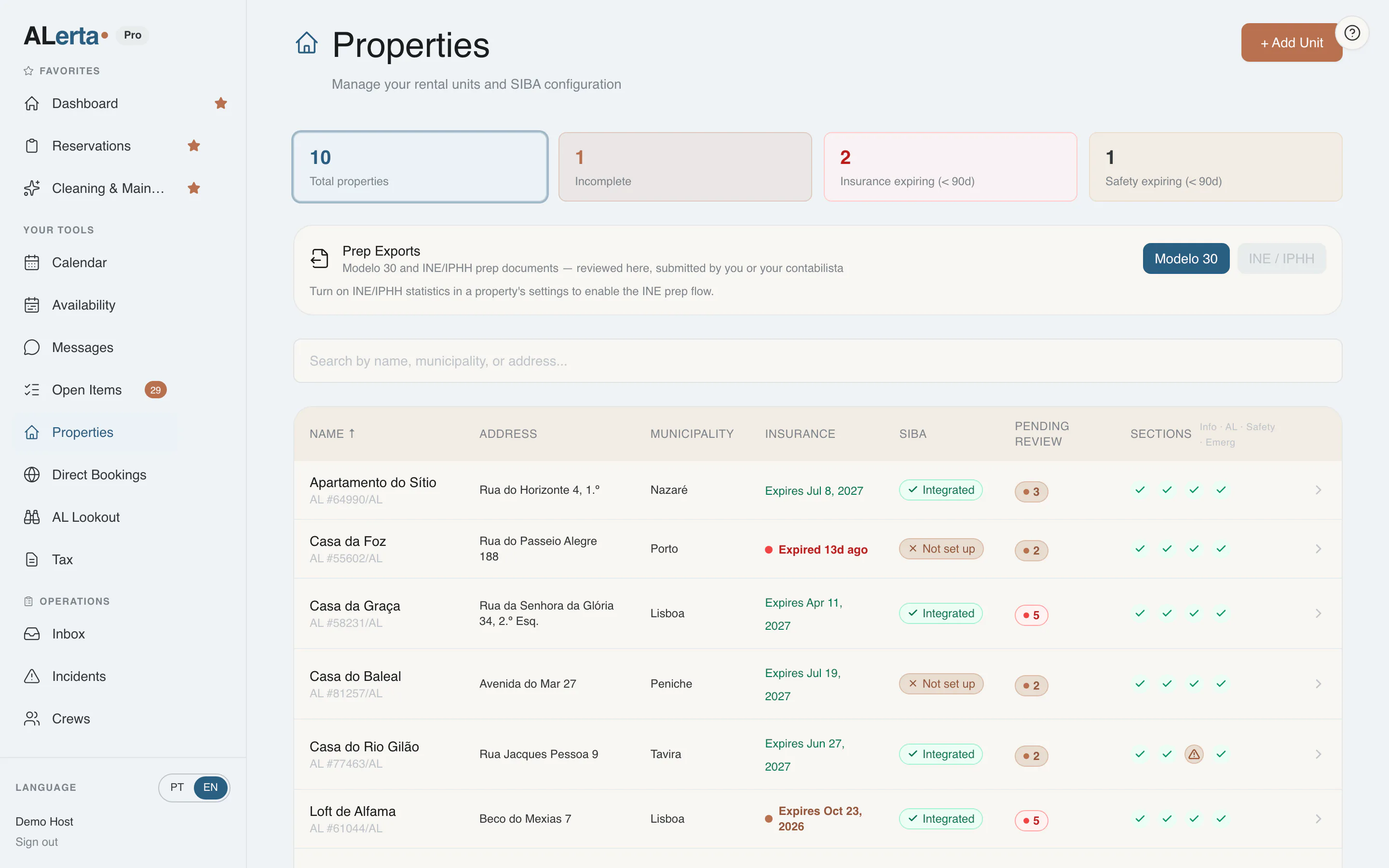 ALerta Properties page: ten properties with insurance expiry, SIBA integration status and a compliance check per section